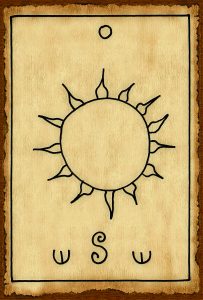 קלף מס' 0 - מקור האור, אנרגיה, חום, עוצמה,    השמש, משהו גדול    The primary source of light, energy, warmth, strength, the sun, something major.